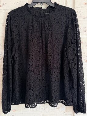 Ann Taylor Factory Black Floral Lace Overlay Blouse Sheer Sleeves XL Elegant Top